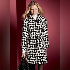 Michael Kors houndstooth wool blend warm winter coat tie belt black white checks